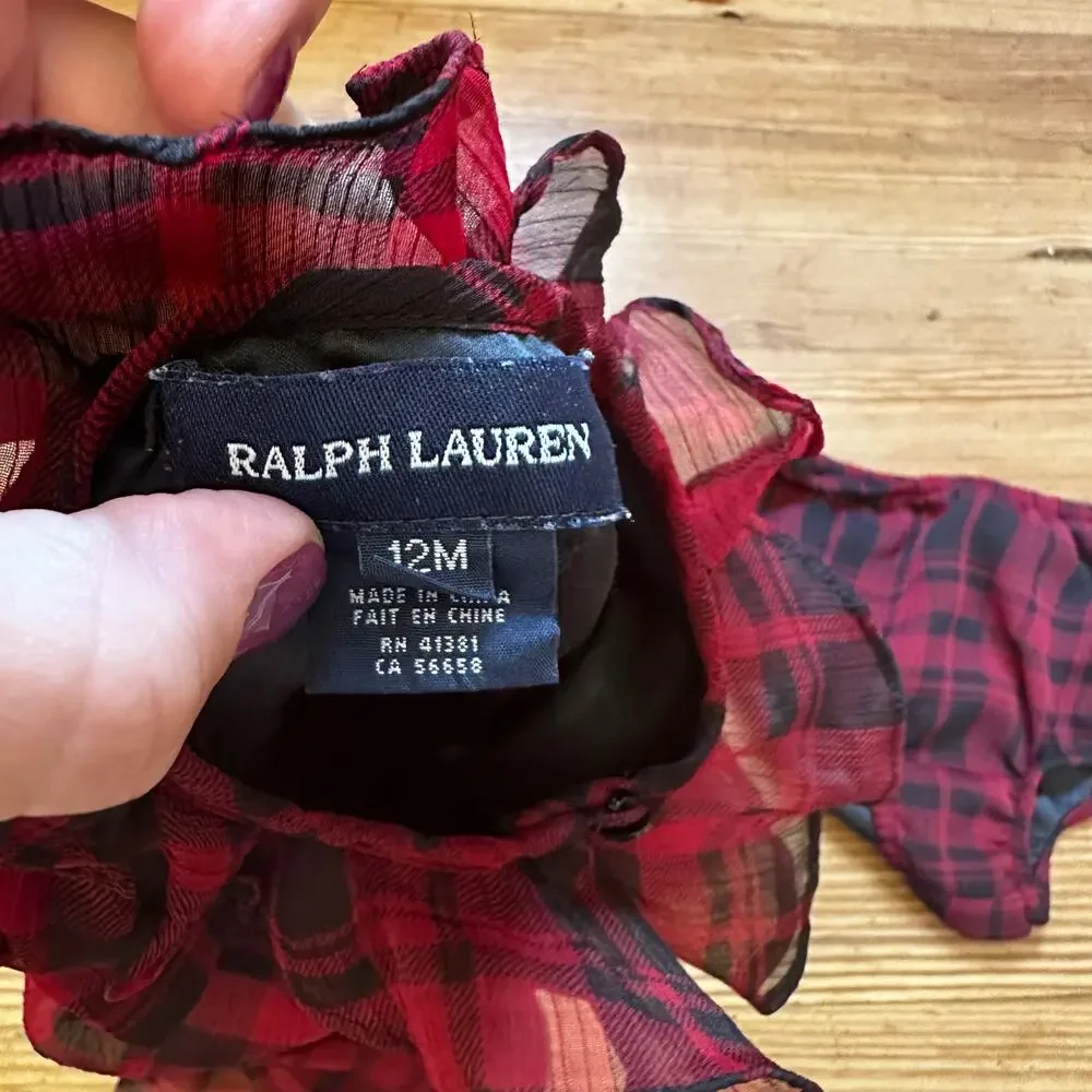 Ralph Lauren red black checkered collar ruffle‎ dress SIZE 12M